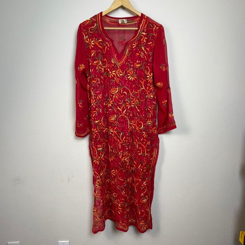 Ada Indi Indian Red Embroidered Chiffon Kurti Tunic Dress Women's L 42 Resort‎